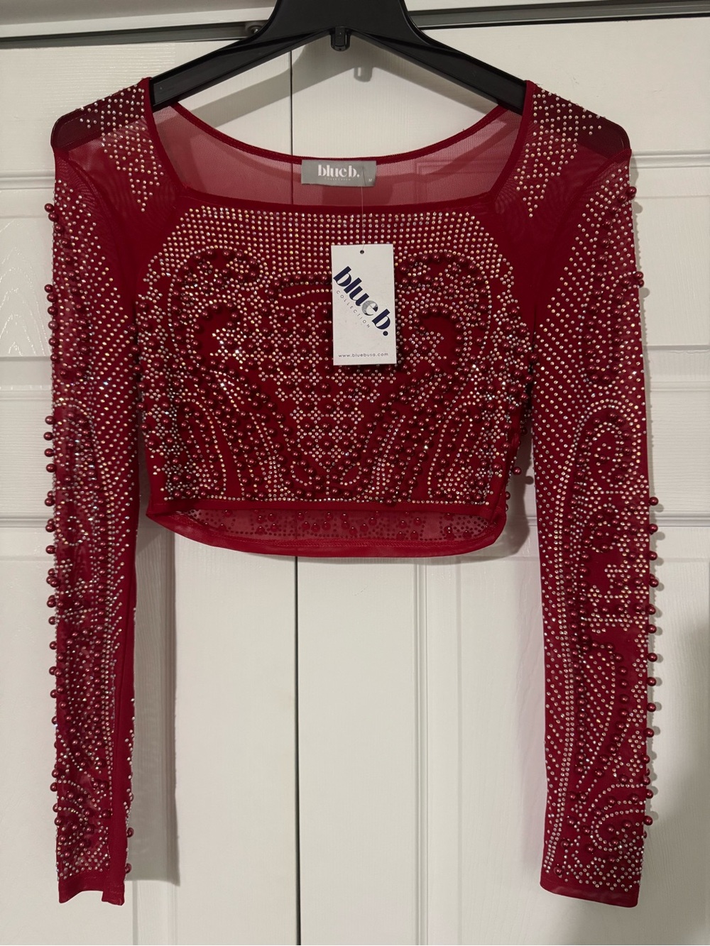 Embellished Red Sheer Long-Sleeve Crop Top
